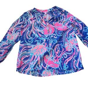 Lilly Pulitzer Elsa Silk Blouse 100% Silk Smocked V-Neck Long Sleeve Small